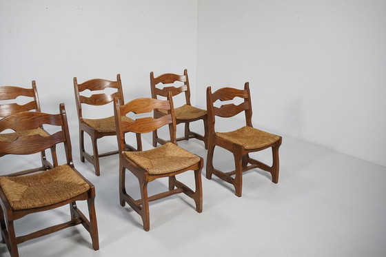 Image 1 of Set di 10 sedie brutaliste "Razor" in rovere con seduta in giunco, Paesi Bassi, anni '70