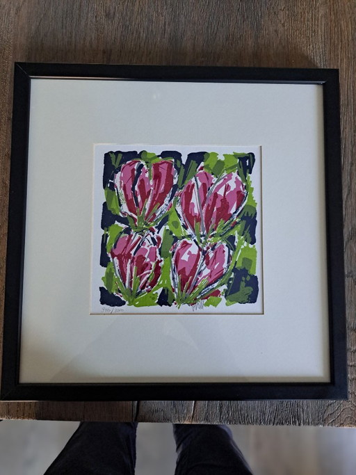 Ad van Hassel – Serigrafia a colori originale "Tulipani Rossi" (Incorniciata)