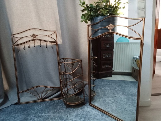 Image 1 of 3 delig Palazzo art / art nouveau vestibule set spiegel kapstok paraplu houder goud metaal kleur