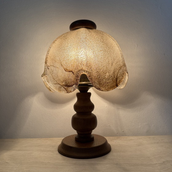 Image 1 of Vintage Brutalist Glass Table Lamp with Solid Oak Wooden Base, 1970s