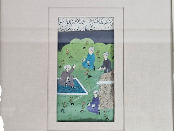 Image 1 of Watercolor - Manuscript - Antiek - Indo - Perzisch - Handgeschept Papier - Miniaturen (3) - Handgeschreven Teksten - 19e Eeuw