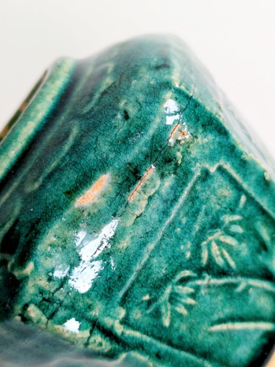 Image 1 of Pot à gingembre Shiwan chinois vintage, récipient hexagonal en faïence émaillée verte, pièce de collection