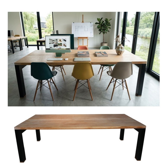 Industriële design eettafel / vergadertafel - massief eiken - 250 bij 120 – polished steel, Wood (photo 7 of 9)