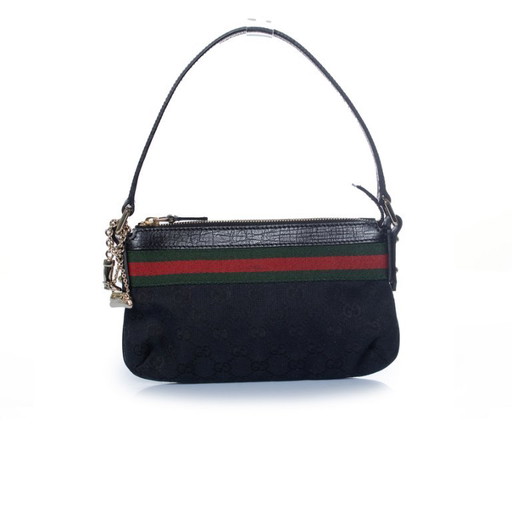 Gucci, schwarze Canvas-Charm-Tasche mit Gurtband – schoudertassen, Denim, Calfskin