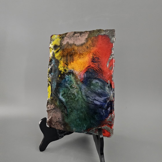 Image 1 of Targa murale antica della Germania Ovest in pietra lavica, realizzata da Vulkan Keramik / Ostara Fliesen. Colori: rosso, arancio