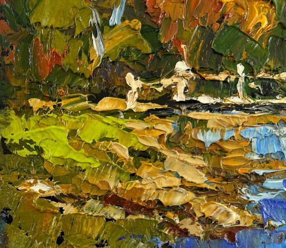 Image 1 of Original Oil Painting Summer Bridge Landscape The path through the silence of the forest