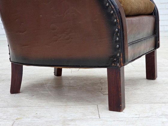 Image 1 of 1930s, Danish armchair, brown furniture leather, velour.