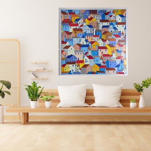 Abstract cityscape "Full Houses" - colorful painting on MDF by Franklin van Dam (95x95 cm)