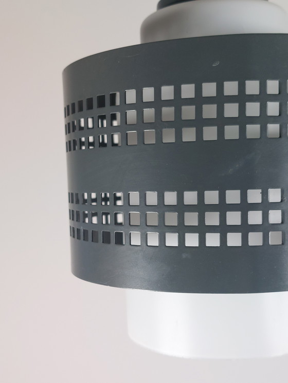 Image 1 of Vintage Mid Century Hanglamp Plafondlamp Hanglamp Geperforeerd Metaal Matglas Jaren 60
