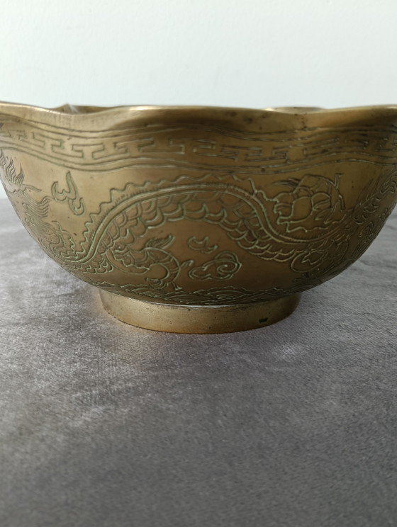 Image 1 of Chinese brass bowl (1kg) with dragons and Shou symbol