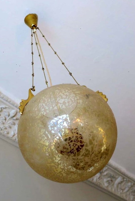 Doria Leuchten Frosted Glass and Brass Globe Pendant Light, 1970s