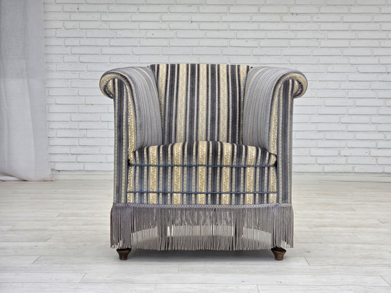 Image 1 of 1960s Danish Lounge Chair, Blue/Beige Furniture Velour, Beech Wood Legs