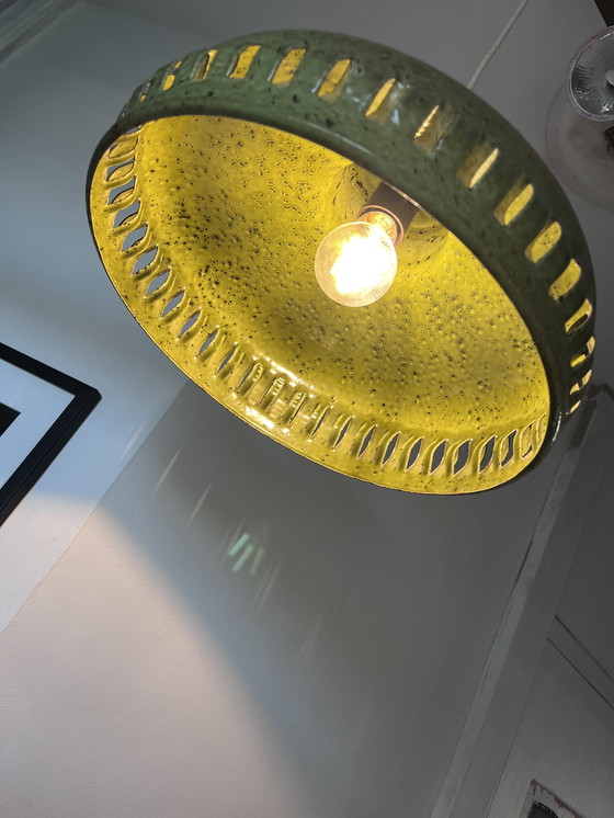 Image 1 of Vintage brutalistische groen geemailleerde hanglamp