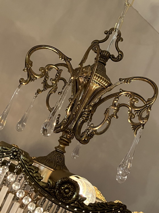 Vintage Bronze Art Nouveau Chandelier Opal Rods and Teardrop Pebbles – Crystal (photo 6 of 13)