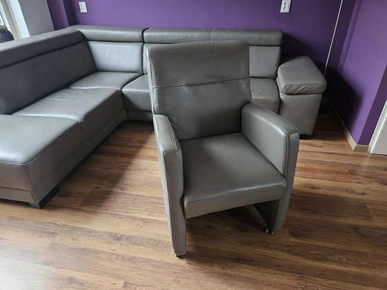 Image 1 of Divano angolare in pelle di lusso Santiago (Koks Meubelhuis) + 5 sedie da pranzo - Toledo Smog