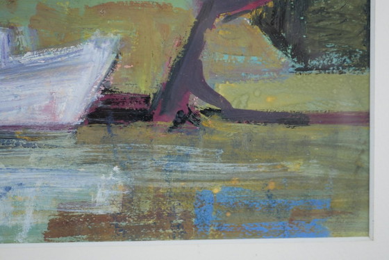 Image 1 of Lucie RIVEL, Boat moored on the canal. Framed gouache.
