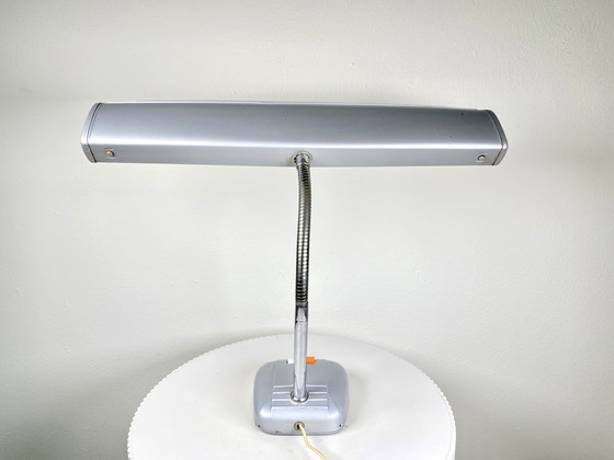 Image 1 of Vintage 1970s Industrial Piano Style Desk/Table Lamp in Grey with a Chrome Gooseneck - Mid-Century Modern Japanese Design