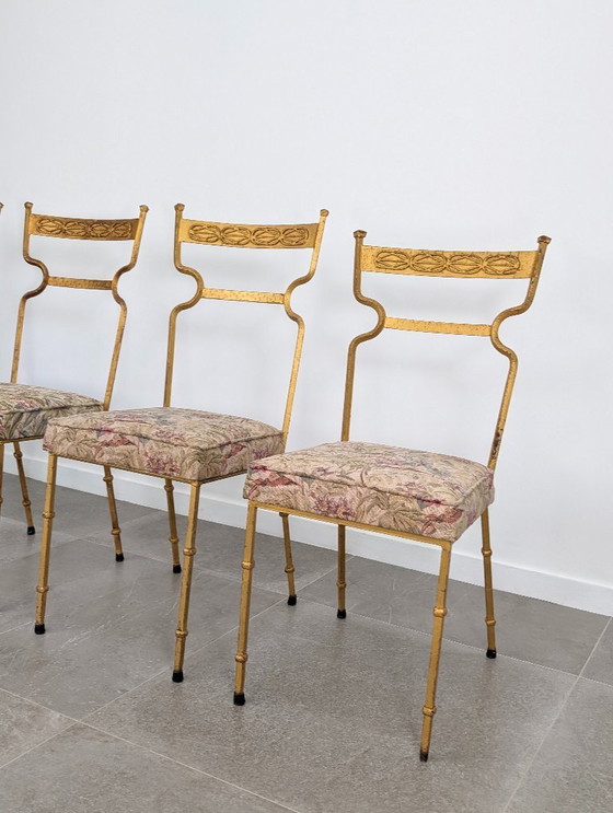 Image 1 of Set of 4 Gilt Wrought Iron Chairs with Floral Tapestry, Spain 1980s