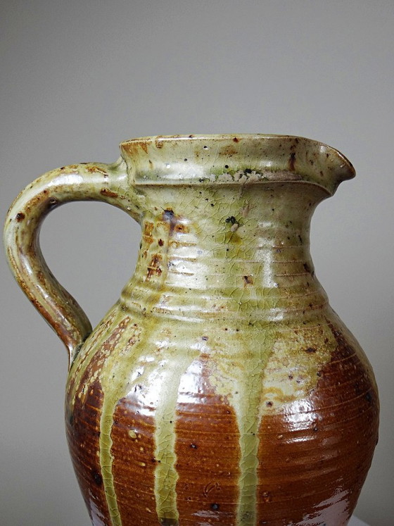 Image 1 of Impressive French stoneware pitcher from the 1960s-70s with a Japanese-inspired ash glaze