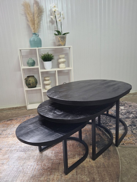 Image 1 of Sturdy oval coffee table set made of mango wood and metal, new