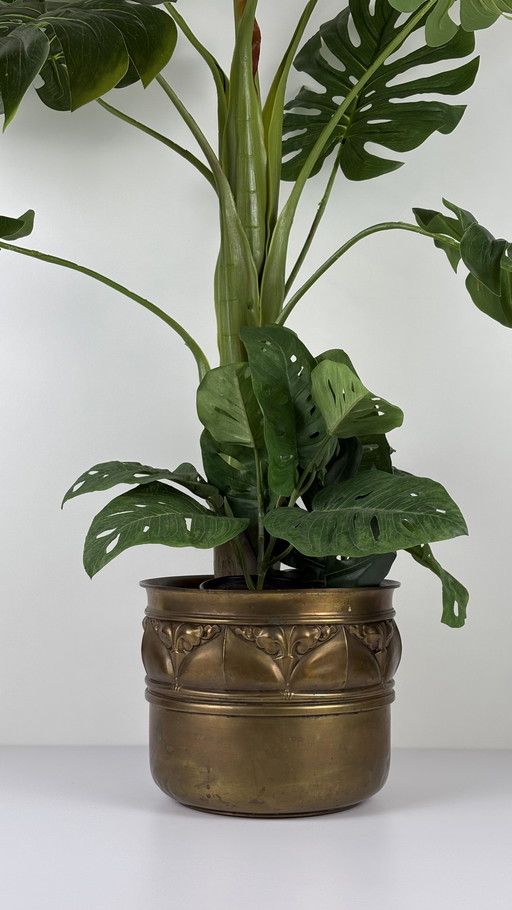 Vintage brass Art Deco large flower pot gold with decorative rim