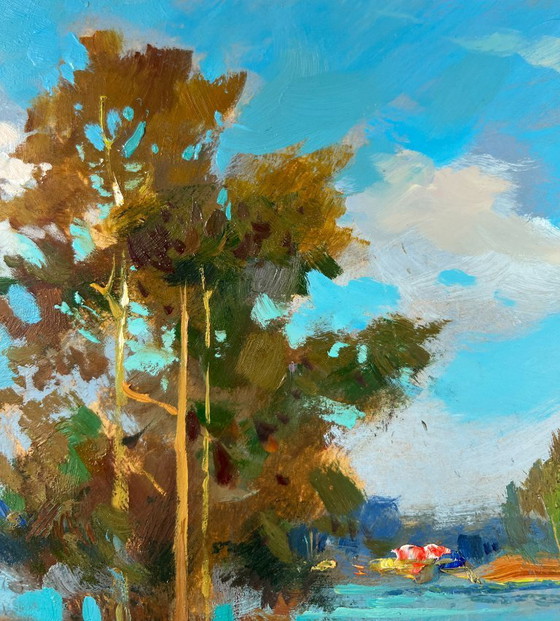 Image 1 of Peinture à l'huile originale : Paysage côtier d'été - Le soleil et la rive
