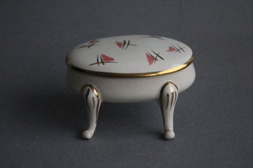 Vintage porcelain jewelry box, hand-painted, with lid, on 4 tall legs, 1950s/60s
