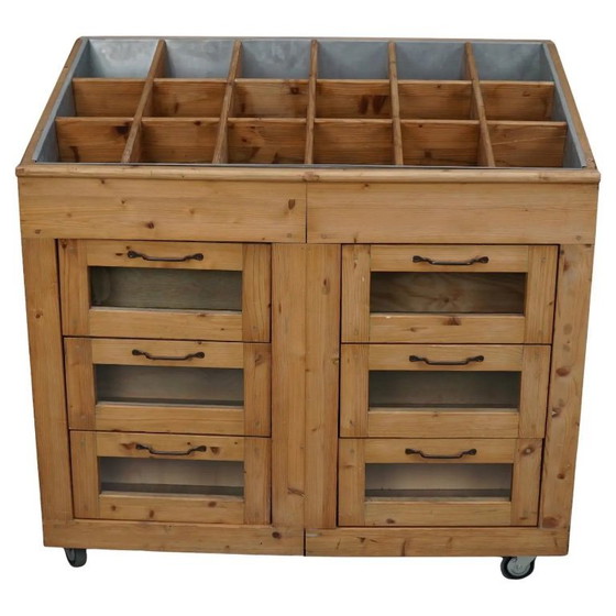 Image 1 of Vintage Nederlandse grenen haberdashery winkelkast met glazen fronten