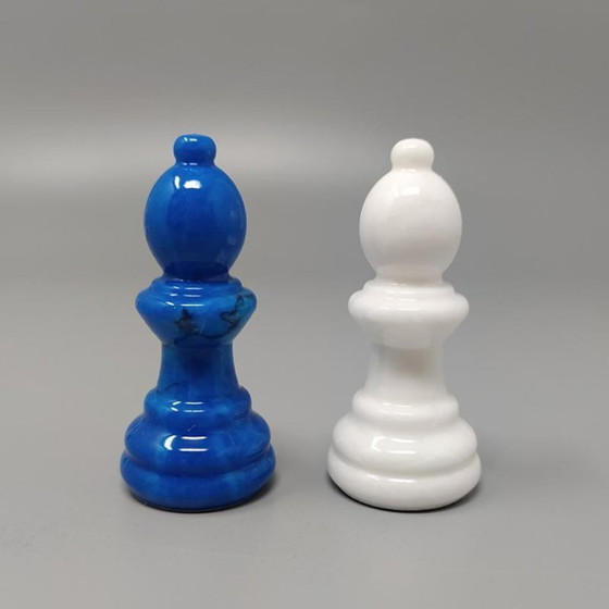 Image 1 of 1970s Gorgeous Sky Blue and White Chess Set in Volterra Alabaster Handmade. Made in Italy