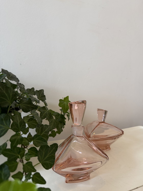 Image 1 of Art Deco Set Pink Glass Bottle and Lidded Jar