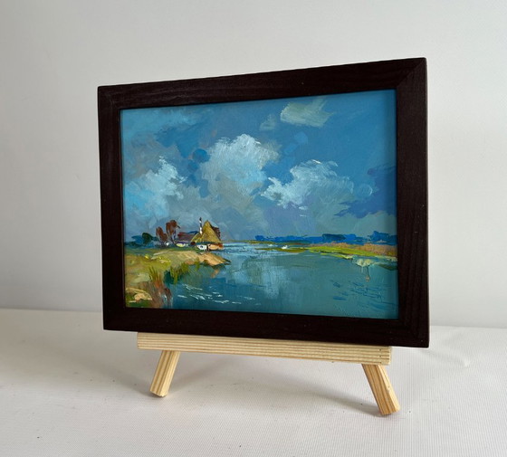 Image 1 of Original Oil Painting Summer River Landscape Summer flood of the river
