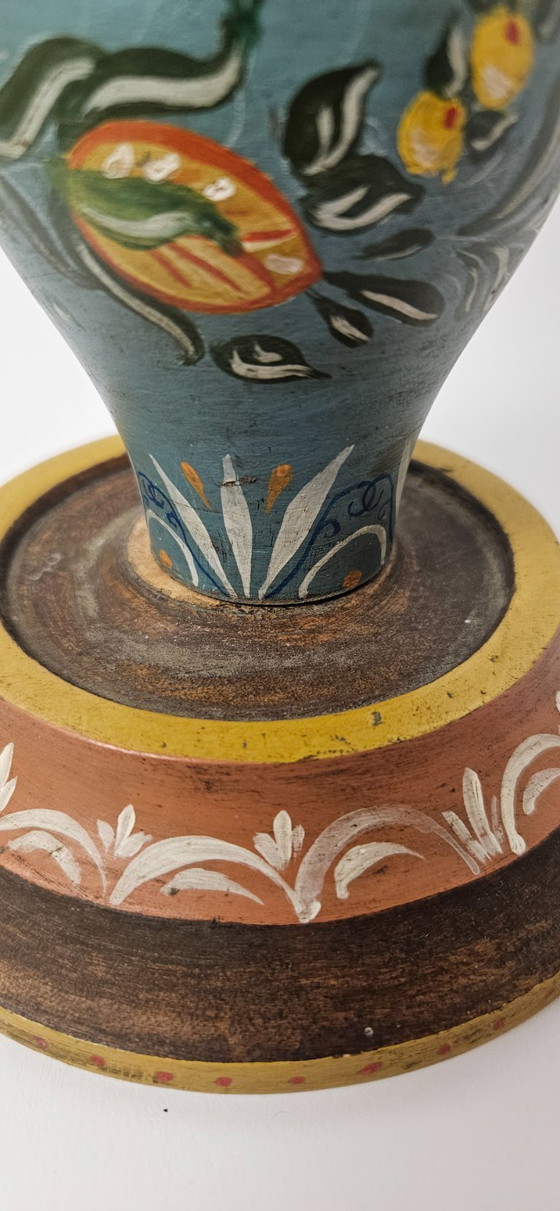 Image 1 of Vintage Wooden Hand painted Candle Holder German Bauernmalefai Folk Art Floral Flower Motifs Farmhouse Decor Carved Wood Candles