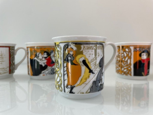 5x Vintage Art Deco Tassen und Untertassen (Lautrec)