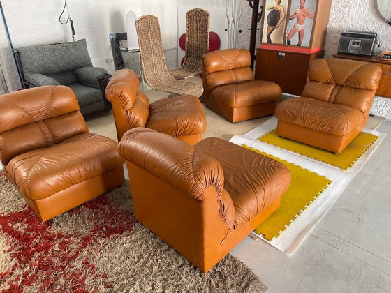 Image 1 of Fauteuils de salon en cuir cognac vintage italien moderne des années 1970