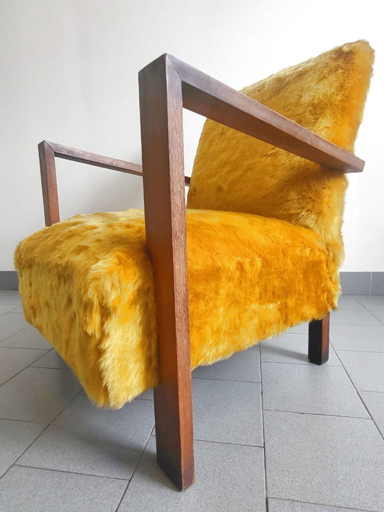 Image 1 of Vintage fauteuil uit de jaren 40, eikenhout en okerkleurig synthetisch bont, DLG Jean Royère, jaren 40
