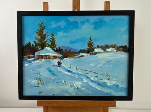 Original Oil Painting Winter Village Landscape Along the snowy path