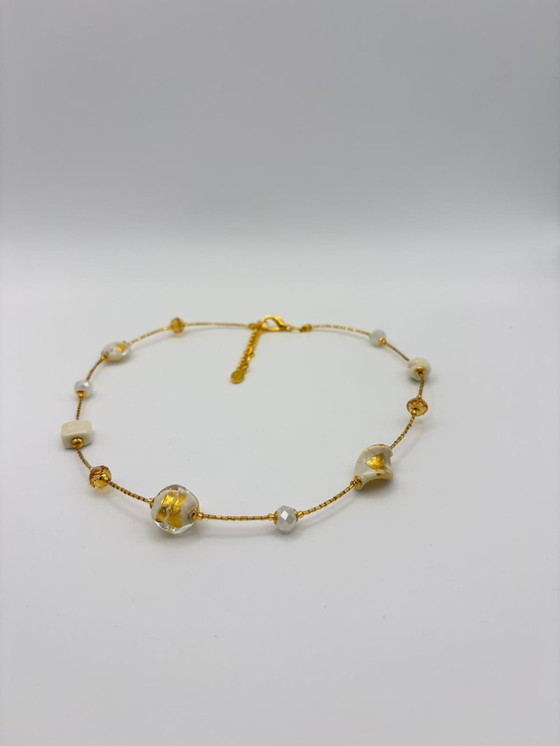 Image 1 of White Murano Glass Necklace with 24kt Gold Leaf – Venetian Artisan Jewelry