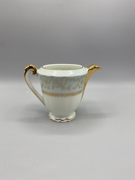 Jammet-Seignolles Limoges porseleinen koffiepot – celadonblauwe en gouden decoratie – decoratieve objecten, Porcelain, Gold