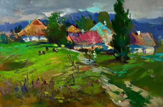Image 1 of Original Oil Painting Summer Village Landscape Path Leading To A Rural Field