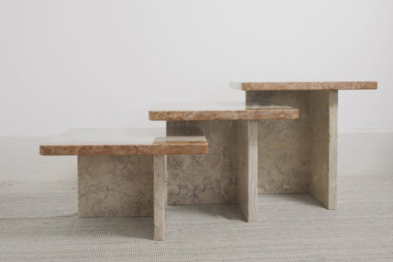 Image 1 of  Vintage Marble Nesting Tables Set of 3, Square Side Tables, Postmodern Solid Fossil Marble Stone Coffee Tables, Modern Accent F
