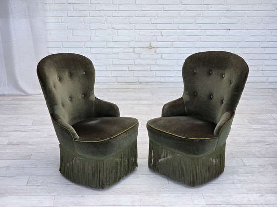 Image 1 of 1970er Jahre, dänischer Beistellstuhl, grüner Möbelvelours, Beine aus Buchenholz.