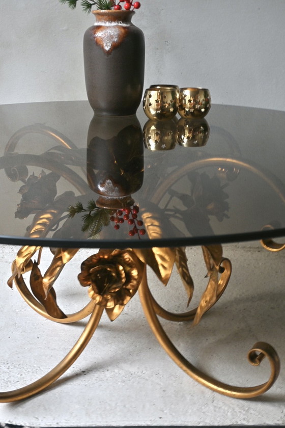 Image 1 of Coffee table with gilded metal flowers in the style of Hans Kögl