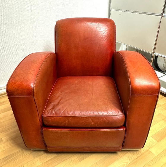 Image 1 of Brocantique Jacques Adnet Art Deco Set: Leren bank, fauteuil en poef