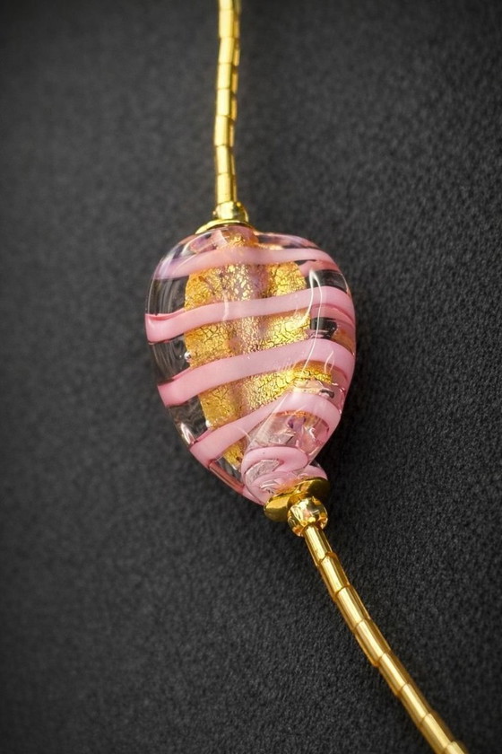 Image 1 of Murano Glass Necklace with Gold Leaf – Handcrafted Pink Beads – 47 cm – with Certificate
