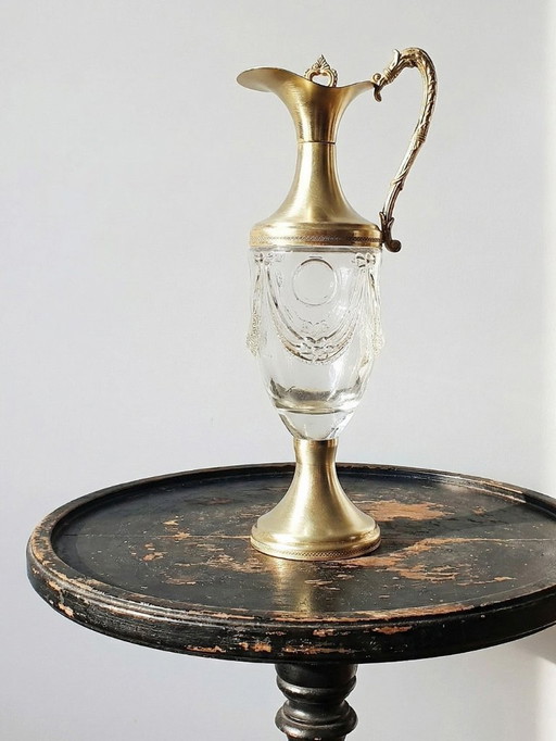 Vintage decorative ewer in molded glass and gilt brass, Italy circa 1980