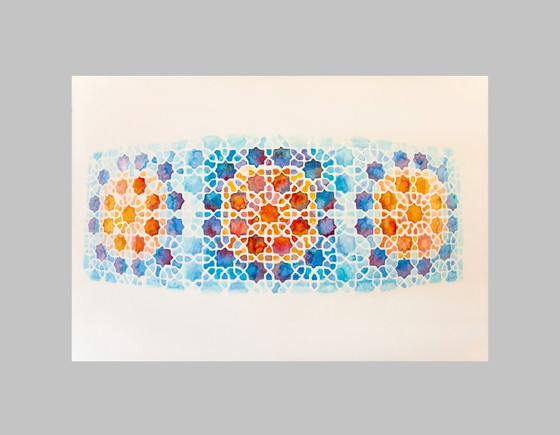 Image 1 of Original watercolor of a Moorish tile. Arabic tile painting. Geometric painting. Watercolor with a geometric motif.