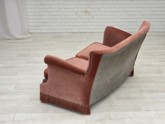Image 1 of 1970s, Danish 2-seater sofa, original salmon pink furniture velour, beech wood.