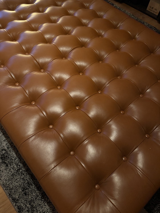 Image 1 of Large Tufted Leather Ottoman / Bench – Mid-Century Style – Cognac – 150 cm