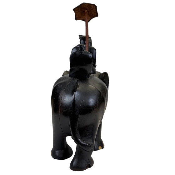 Koloniale Ebbenhouten Olifant Beeldhouwkunst met Mahout – Handgesneden Aziatische Beeldhouwkunst – 32 cm (photo 6 of 10)