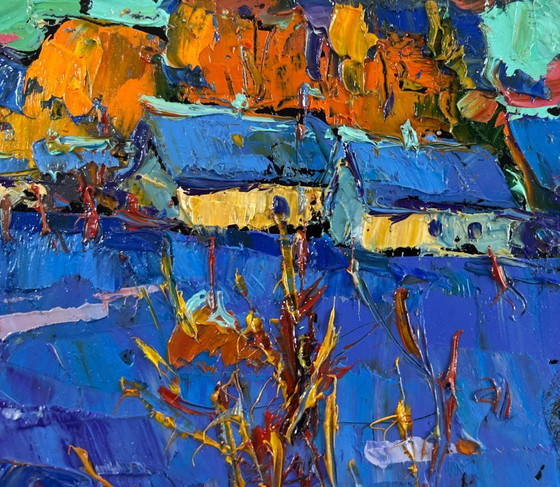 Image 1 of Original Oil Painting Winter Village Landscape Frosty stars in the evening sky